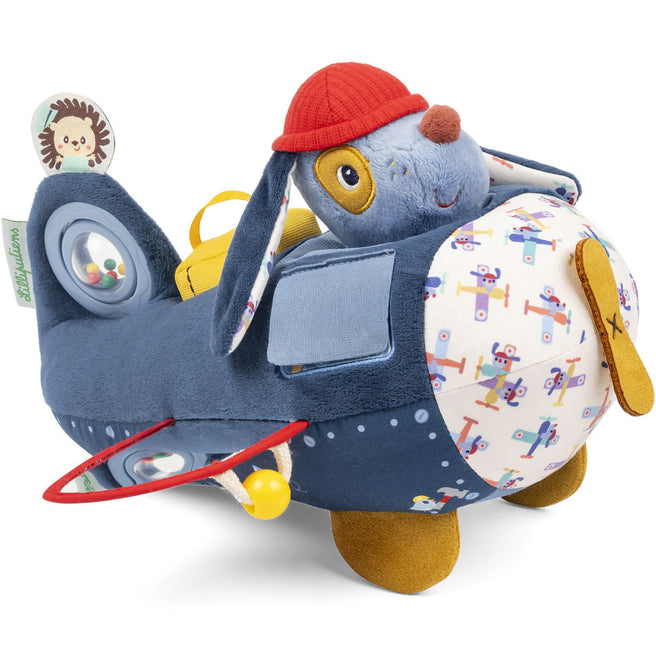 Lilliputiens activiteitenvliegtuig Jules, een blauw pluchen vliegtuig met een hondje als piloot en diverse speelelementen.