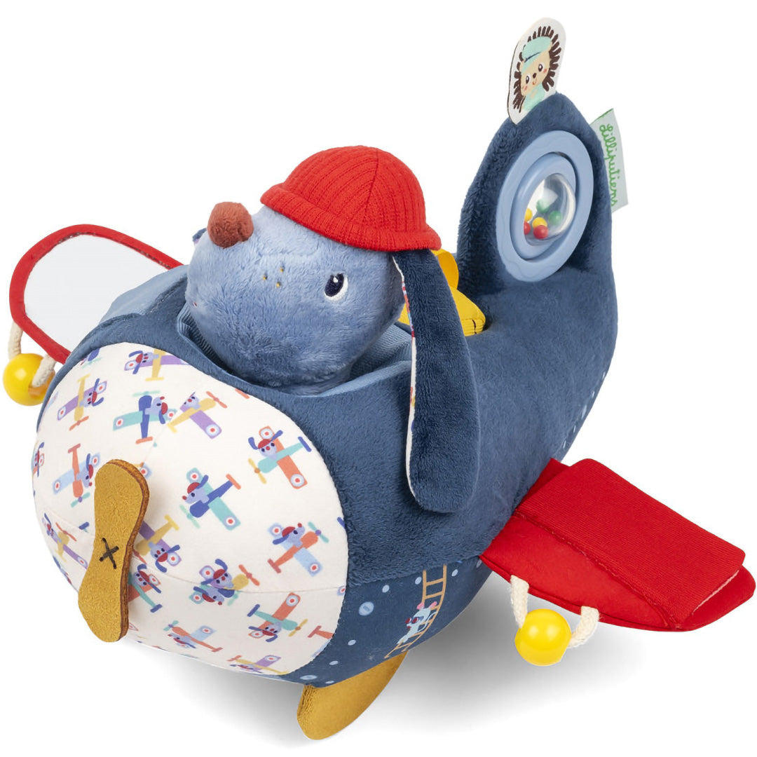 Lilliputiens activiteitenvliegtuig Jules, een blauw pluchen vliegtuig met een hondje als piloot, van bovenaf gezien.