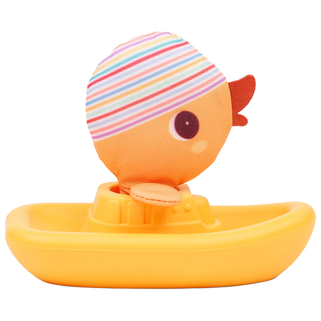 Lilliputiens badspeelgoed: een oranje eendje met gestreepte muts in een geel bootje.