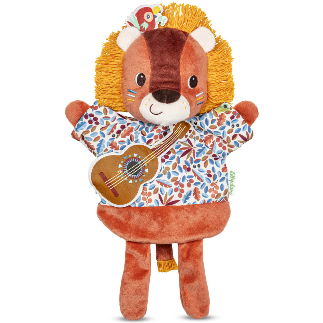 Lilliputiens handpop leeuw Jack met gitaar en kleurrijk shirt.