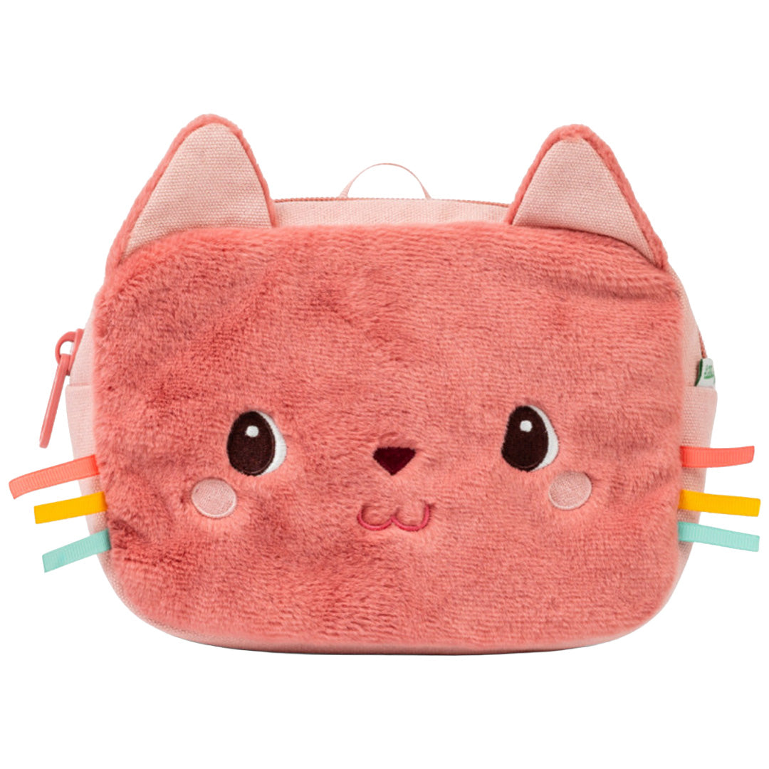 Vooraanzicht van het roze lilliputiens kindertasje met een pluizig kattengezicht en oortjes.