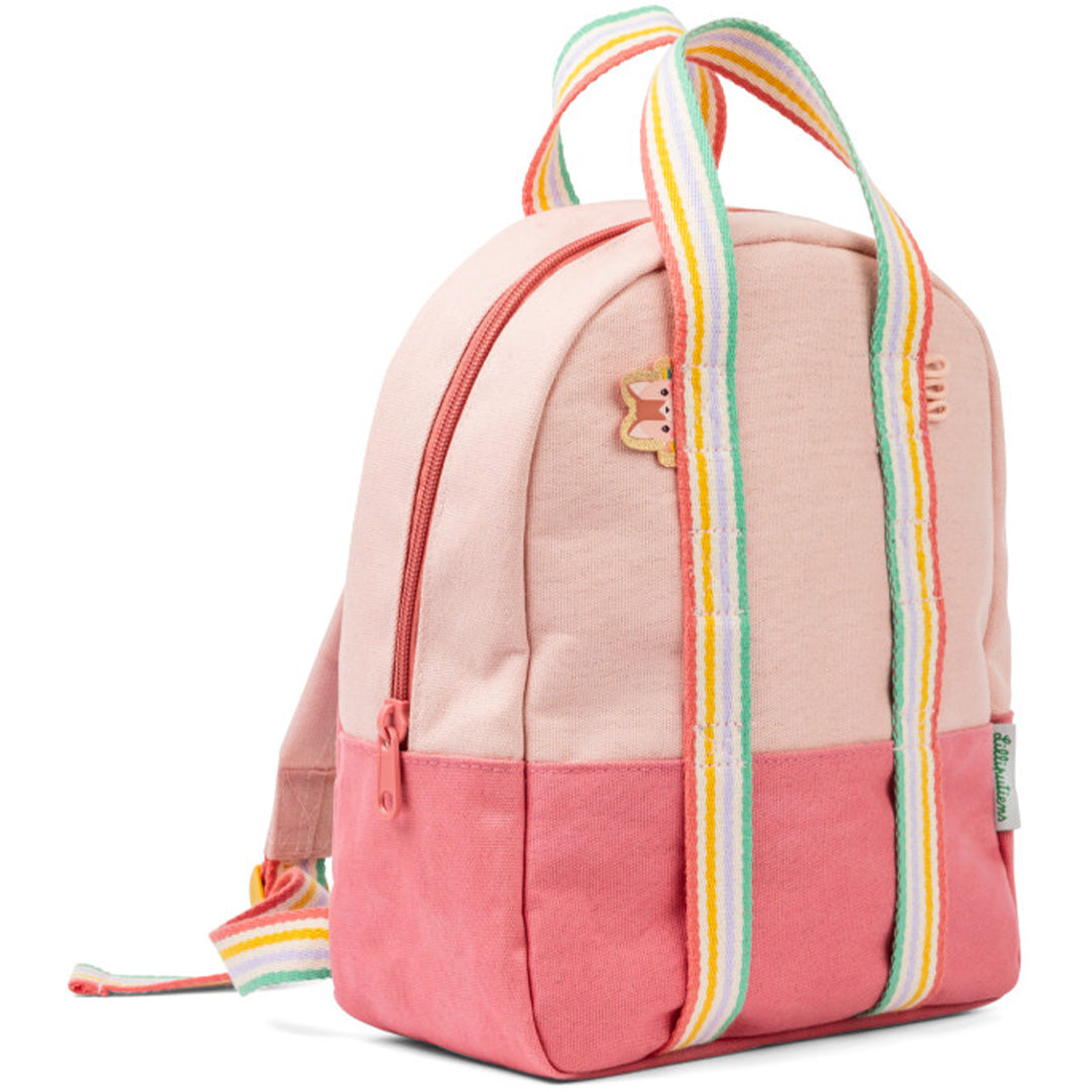 Lilliputiens kleuterrugzak in twee tinten roze met regenboogbanden en een klein dierendetail.