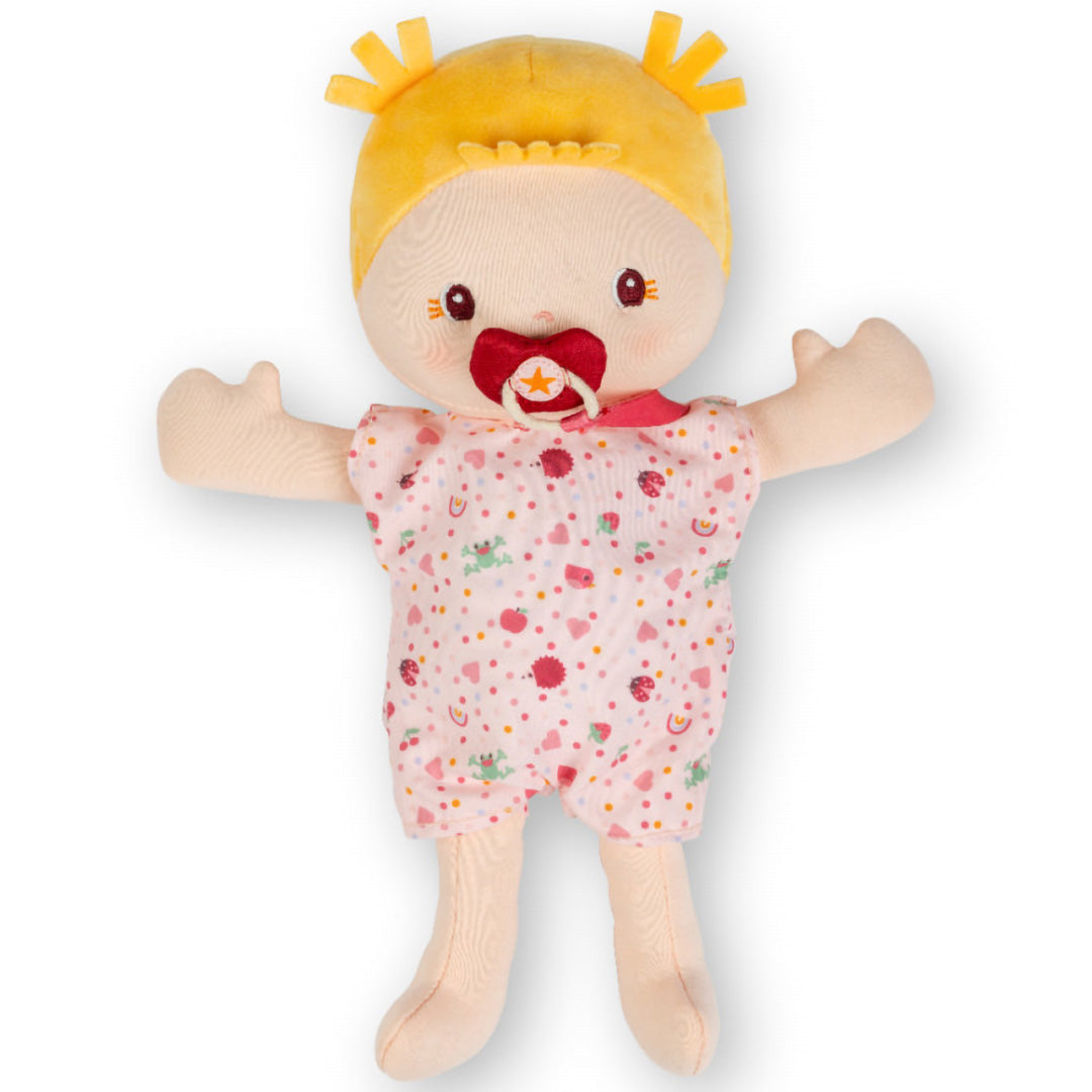 Lilliputiens lappenpop Lena ligt plat in een roze rompertje met stippen en een speen.