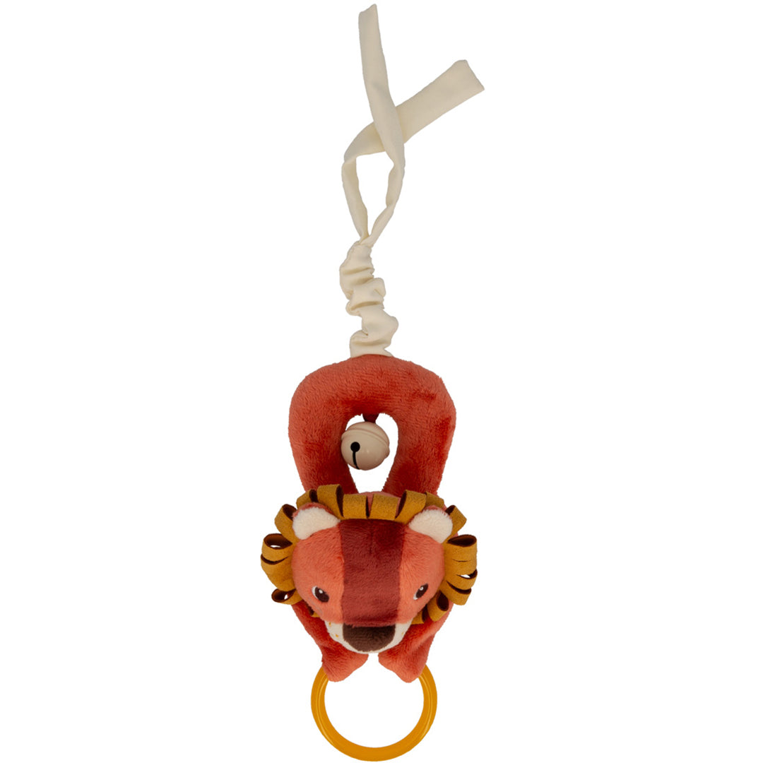 Lilliputiens babyspeelgoed rammelaar in de vorm van Jack de leeuw met een belletje en een gele ring.