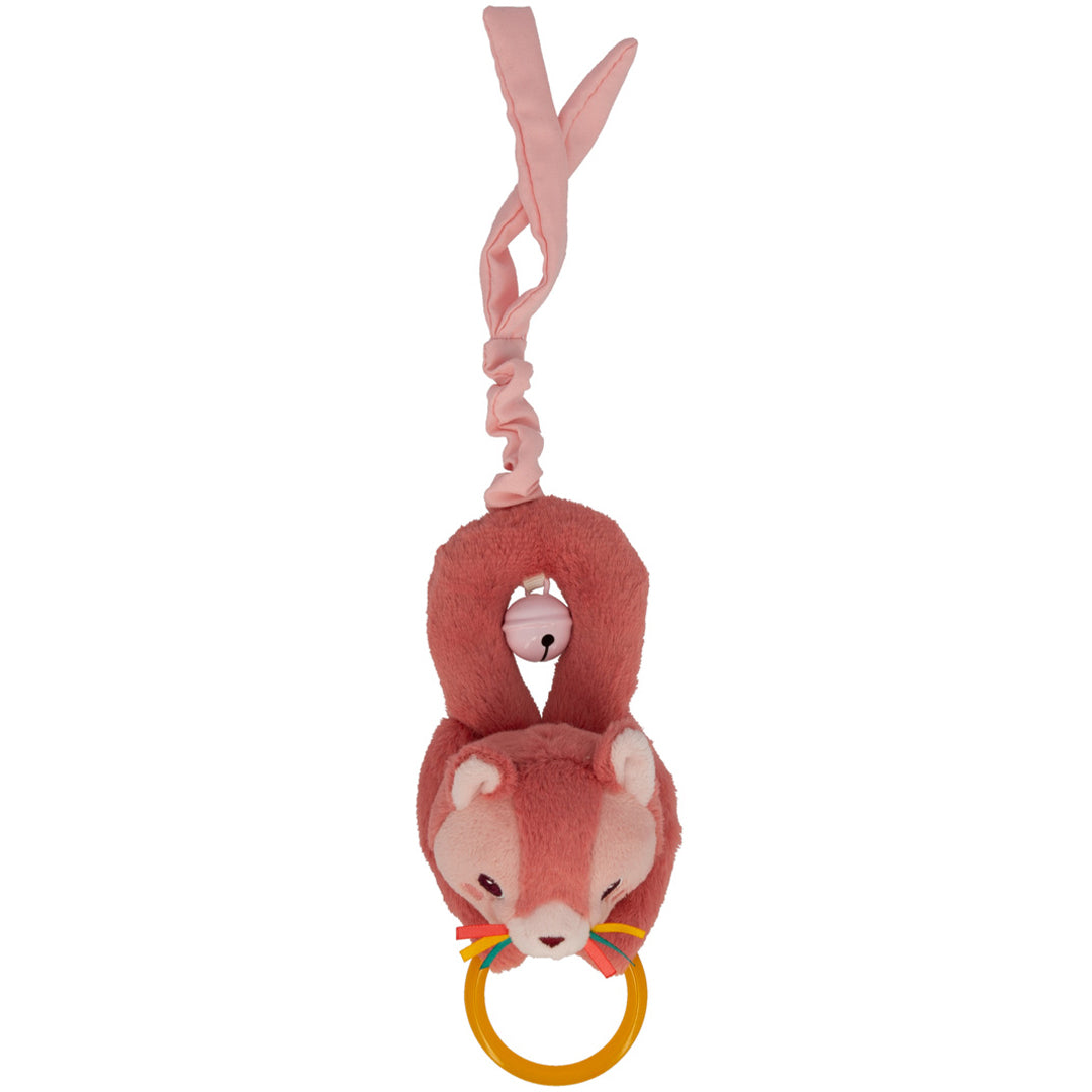 Lilliputiens roze babyspeelgoed rammelaar in de vorm van een kat met belletje en gele ring.