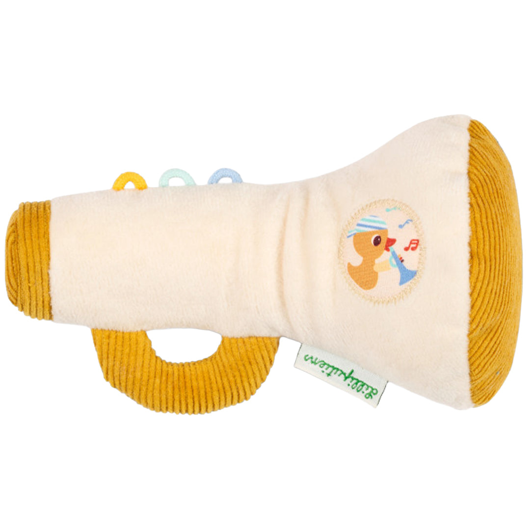 Lilliputiens babyspeelgoed rammelaar in de vorm van een beige trompet met Gaspard de eend.