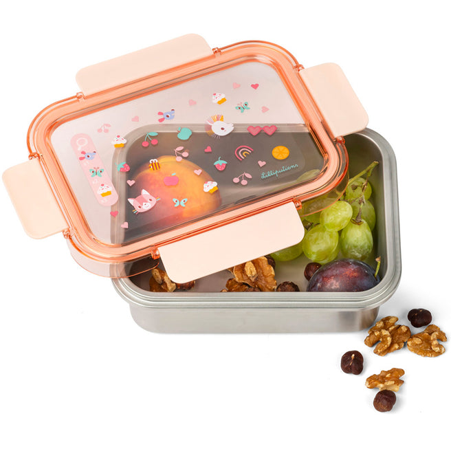 Lilliputiens roestvrijstalen broodtrommel met roze deksel en figuren, gevuld met fruit en noten.