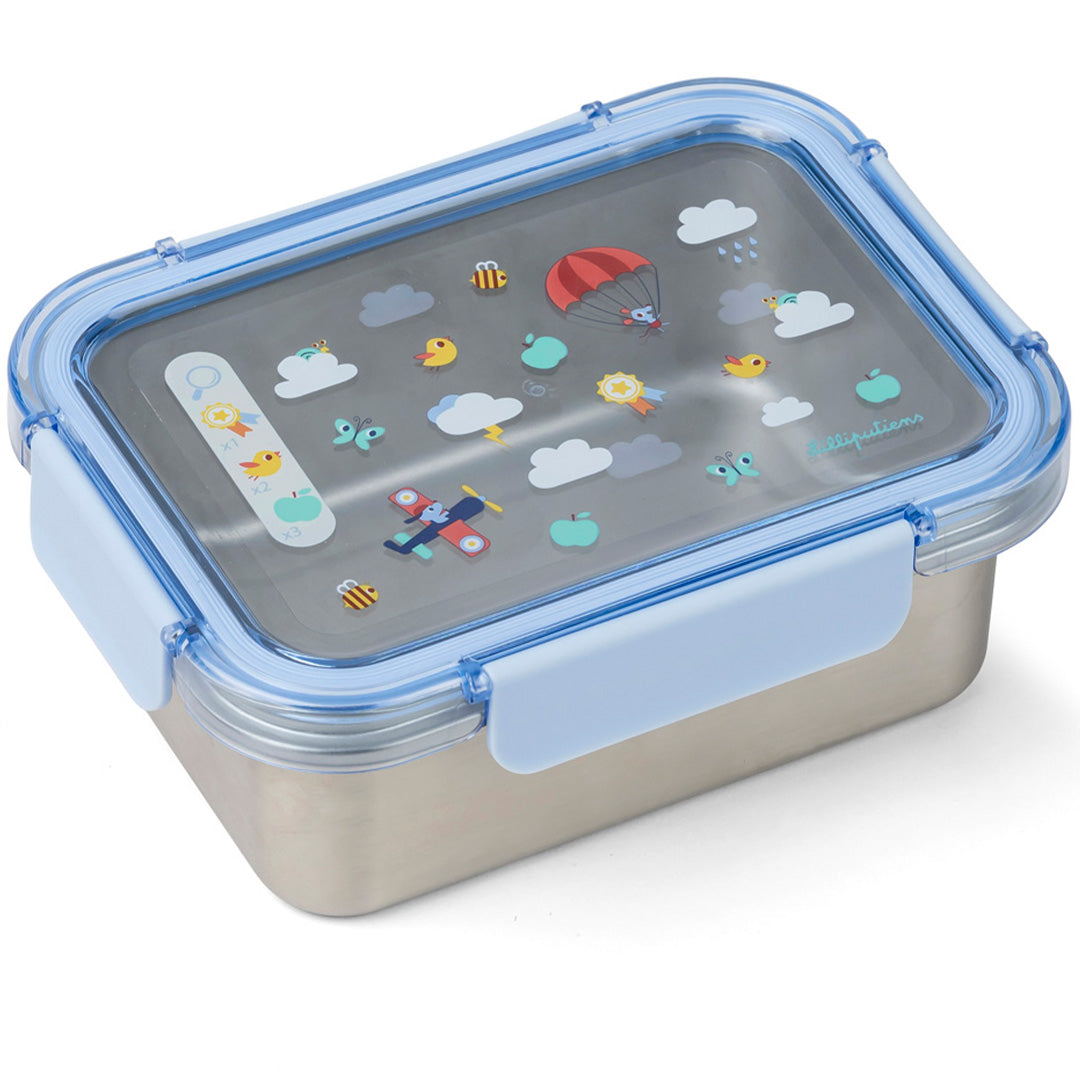 Lilliputiens rvs broodtrommel met blauw deksel en illustraties van dieren, voertuigen en wolken.
