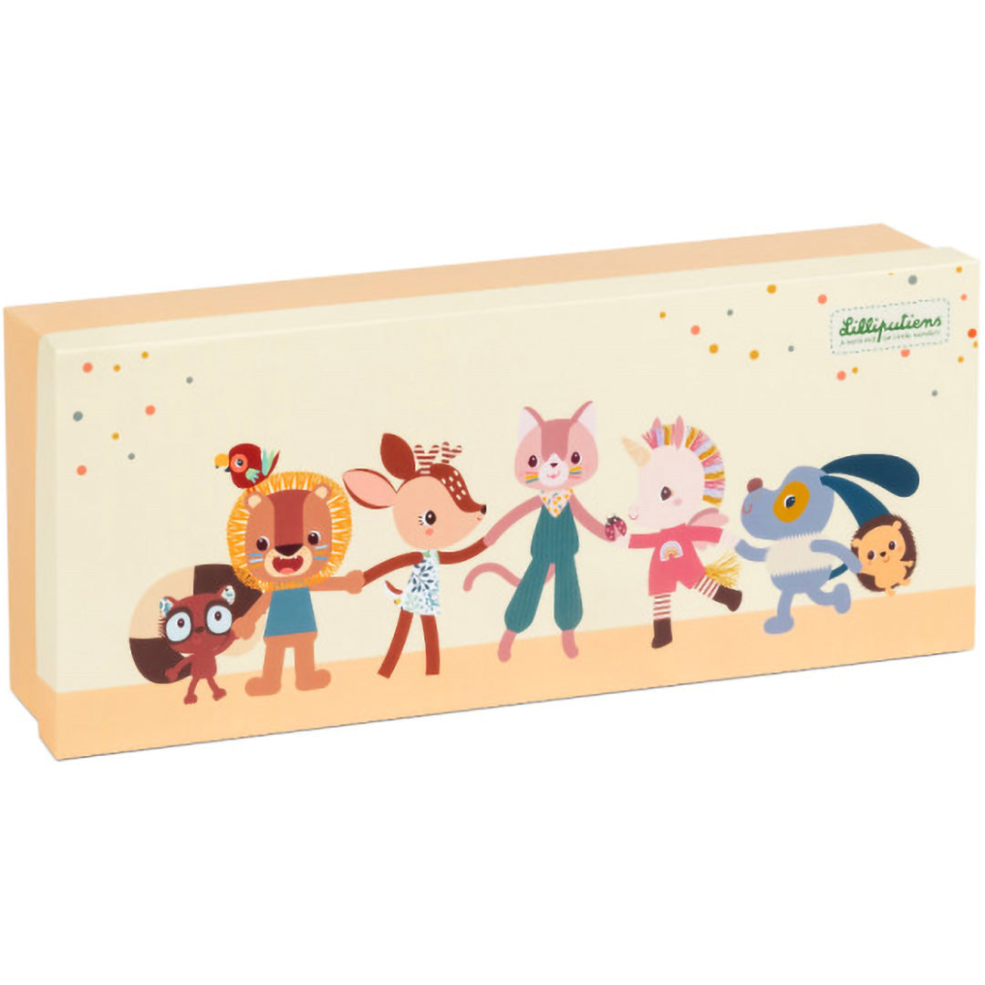 Gesloten Lilliputiens geschenkverpakking voor sensorische rammelaars met vrolijke dierenfiguren.