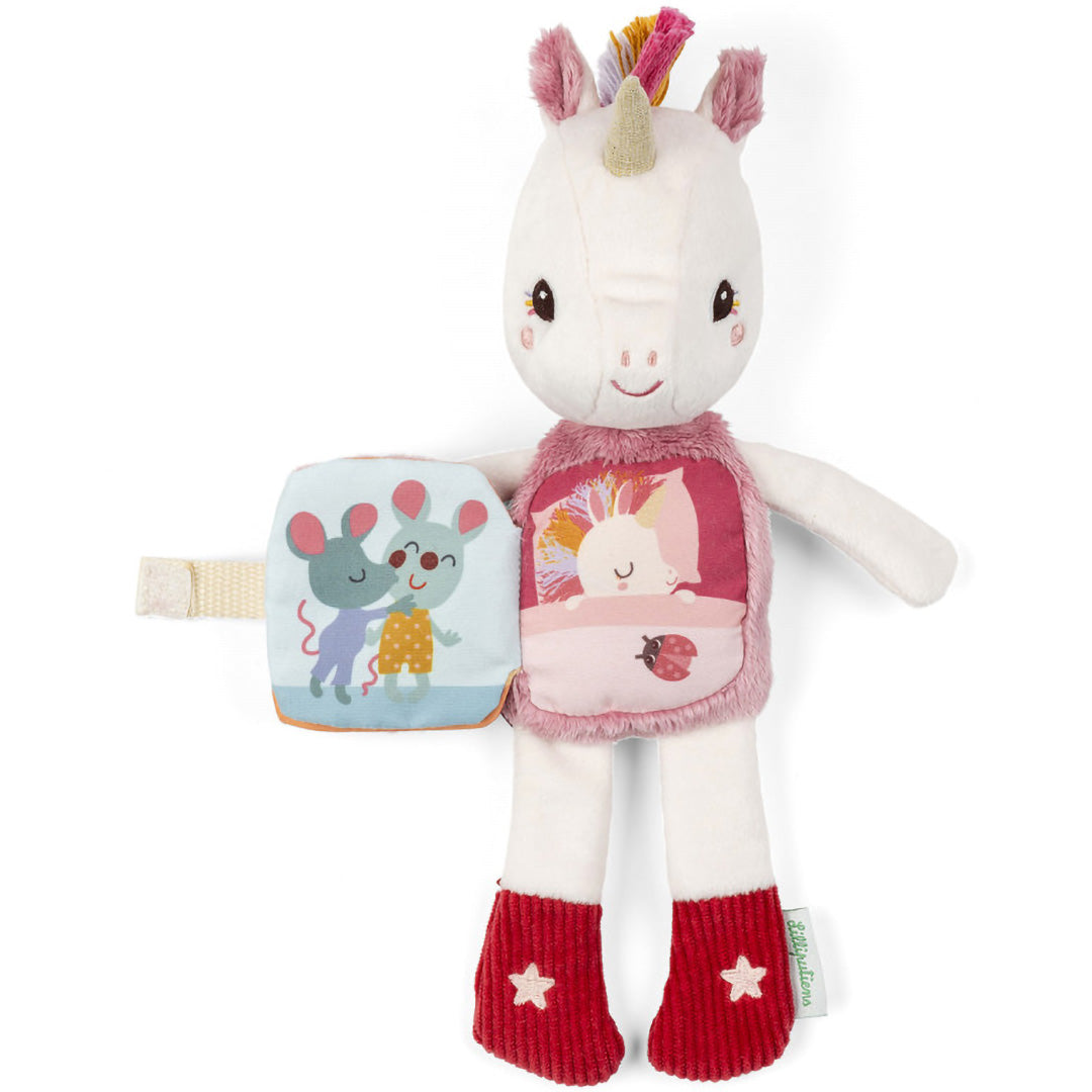 Lilliputiens pluchen eenhoorn vertelknuffel Lena met een open stoffen boekje met dierenillustraties.