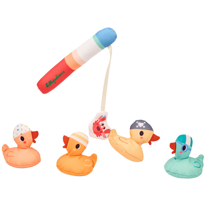 Lilliputiens badspeelgoed visspel met een hengel en vier pluche eendjes in verschillende kleuren.