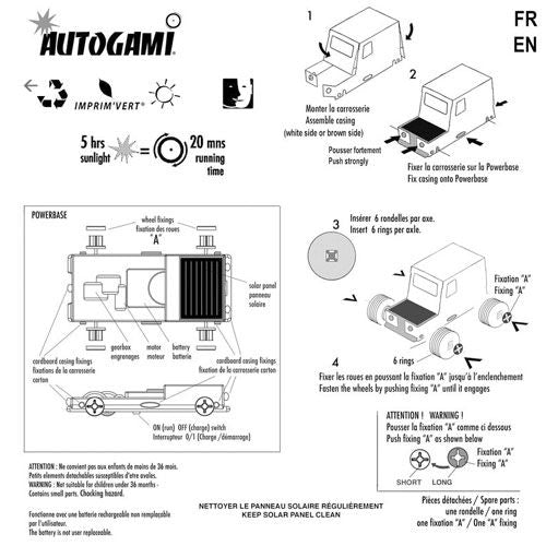 Een Litogami infographic met instructies en diagrammen voor de montage van de auto met zonnepaneel.