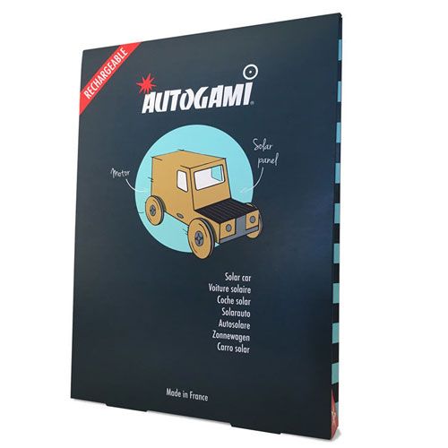 De Litogami productverpakking, een donkerblauwe doos met een illustratie van de solar auto.