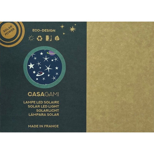 Infographic van de Casagami solar LED lamp met informatie over eco-design en herkomst.