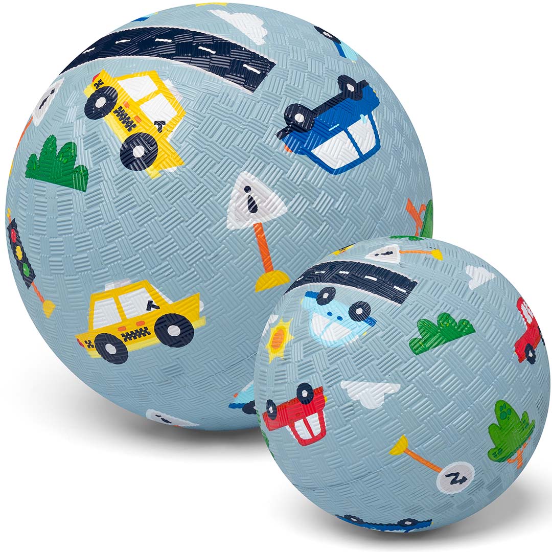 Twee little l blauwe speelballen met voertuigpatroon, een grote en een kleine.