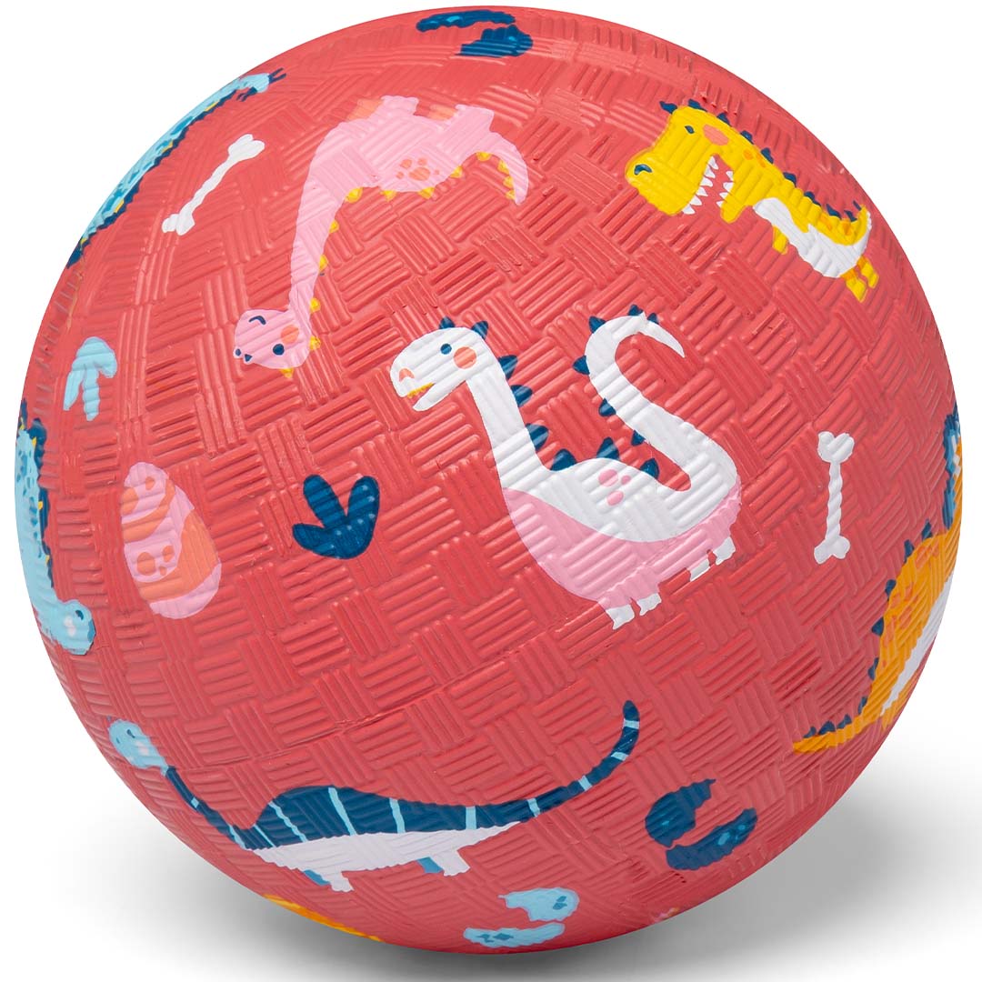 little l rode rubberen speelbal met dinosauruspatroon.