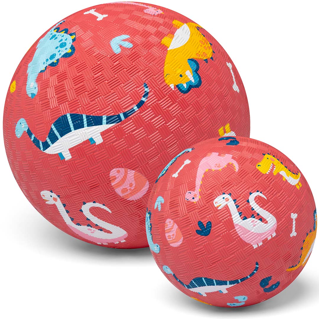 Twee rode speelballen met dinosauruspatroon, een grote en een kleine, naast elkaar.