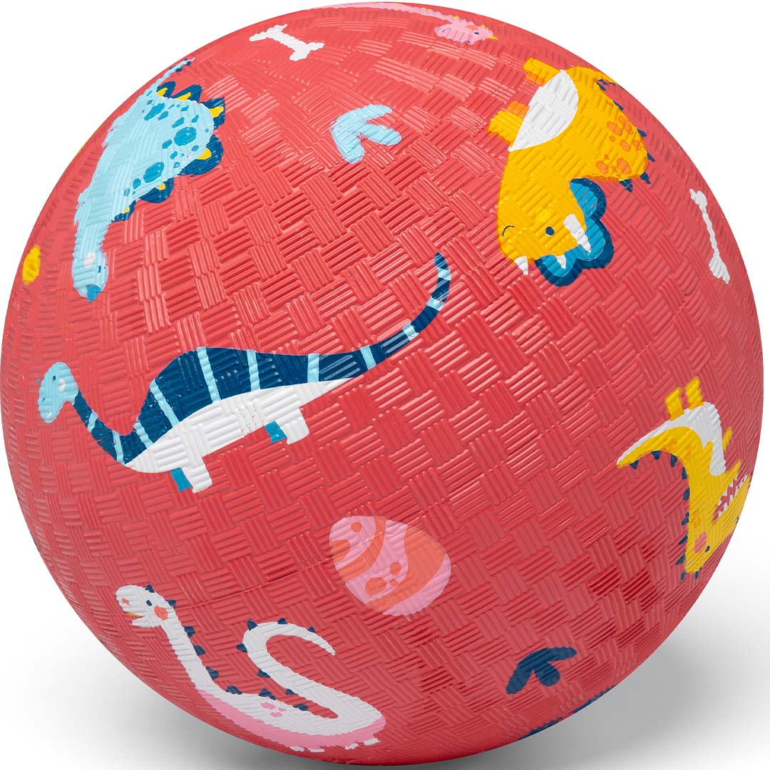 little l rode rubberen speelbal met dinosauruspatronen.