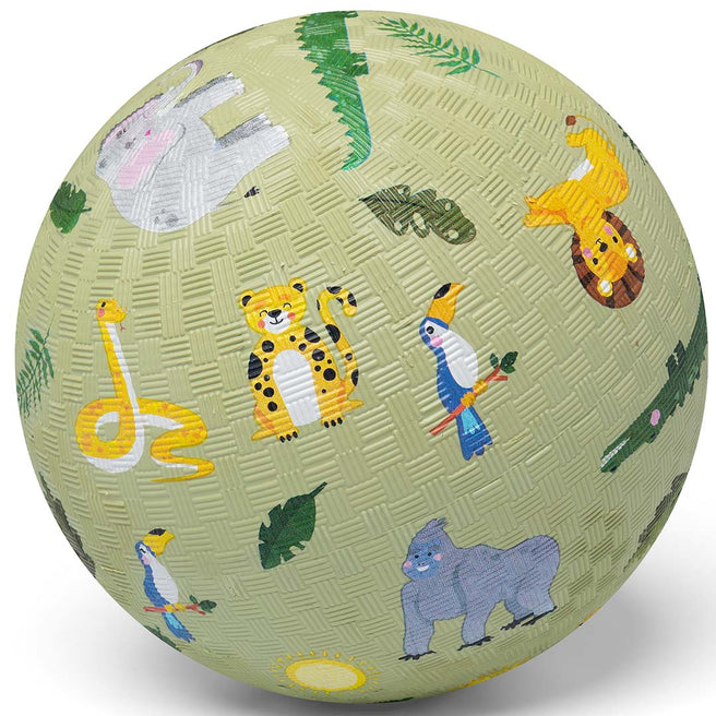 little l groene rubberen speelbal met jungle dierenpatroon.