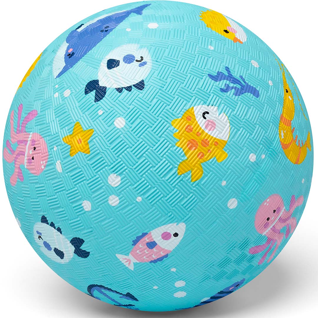 little l blauwe rubberen speelbal met zeedierenpatroon.