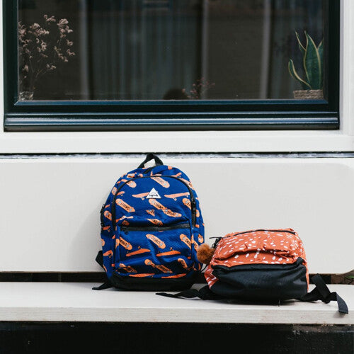 Twee Little Legends schoolrugzakken, waaronder de blauwe met skateboardpatroon, staan op een bankje.