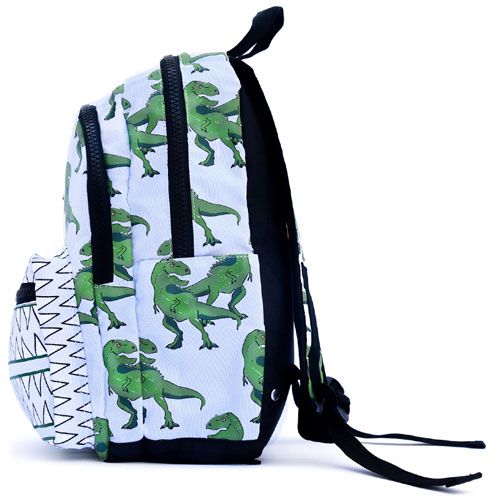 Zijkant van de Little Legends schoolrugzak met dinosaurusprint, geometrisch patroon en zijvak.