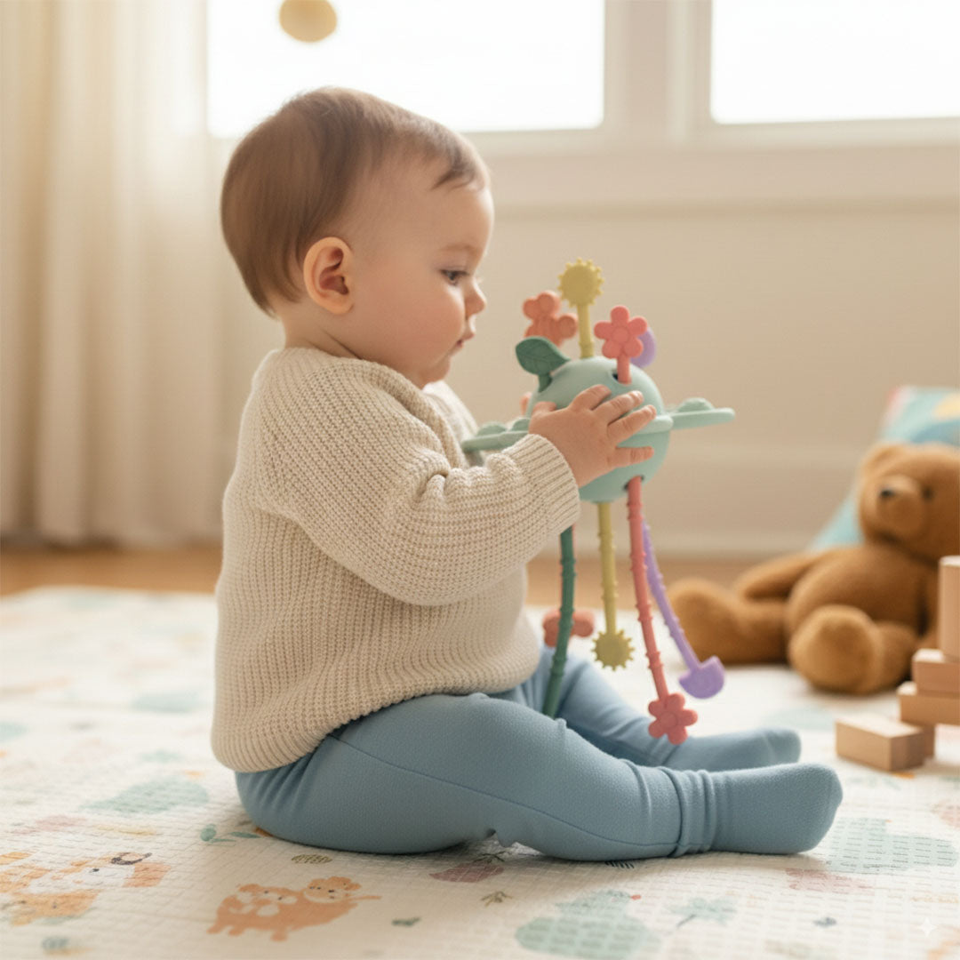 Een baby zit op een speelmat en houdt het little l sensorisch bijtspeeltje vast.