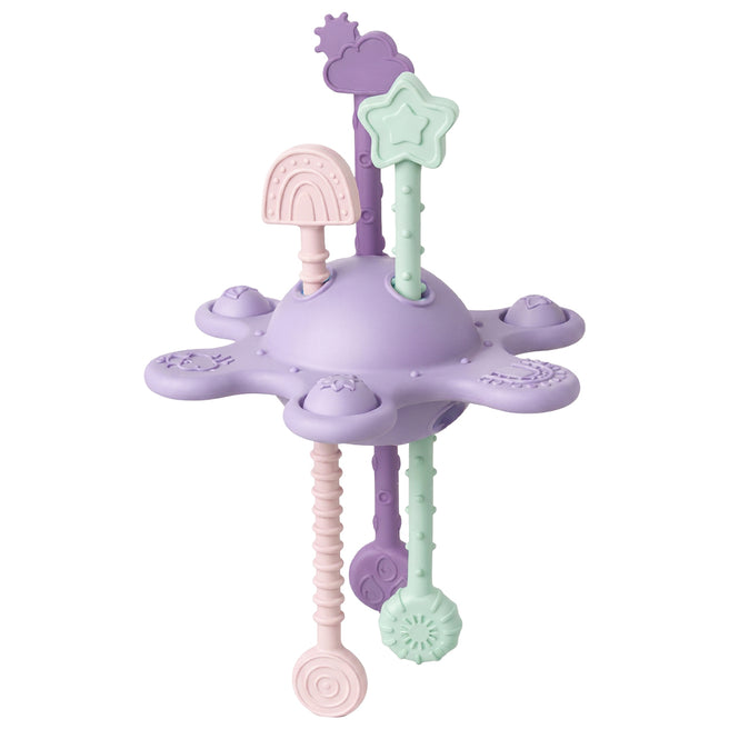 little l paars siliconen activiteiten- en bijtspeeltje met pastelkleurige staven met regenboog-, ster- en zonvormen.