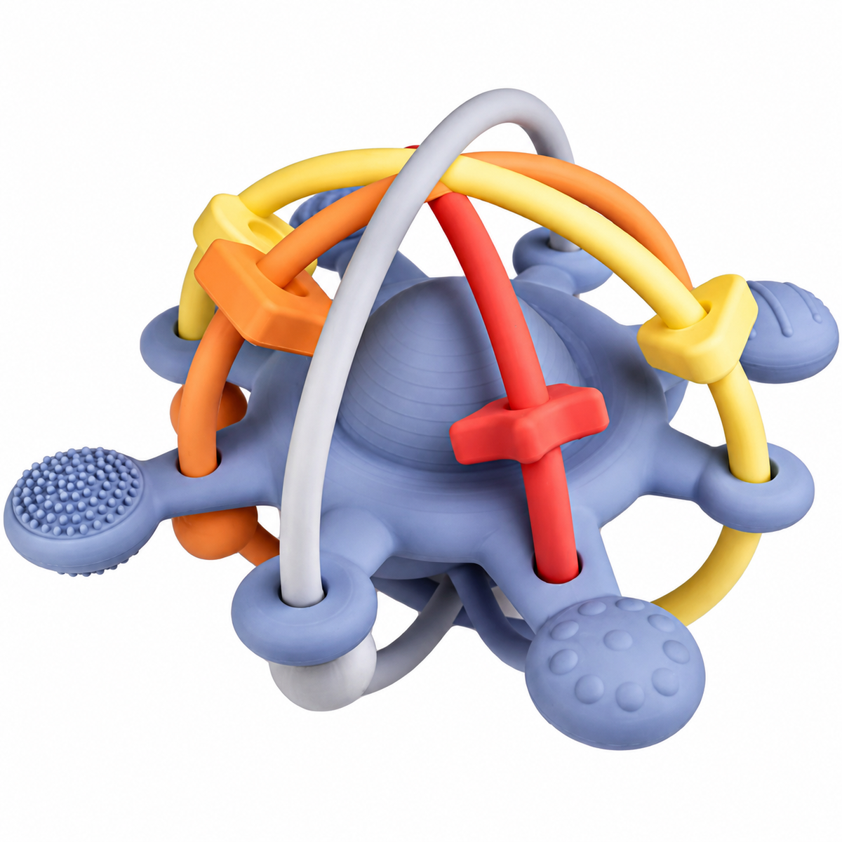 little l sensorisch bijtspeeltje, een blauwe bol met kleurrijke flexibele armen en getextureerde oppervlakken.
