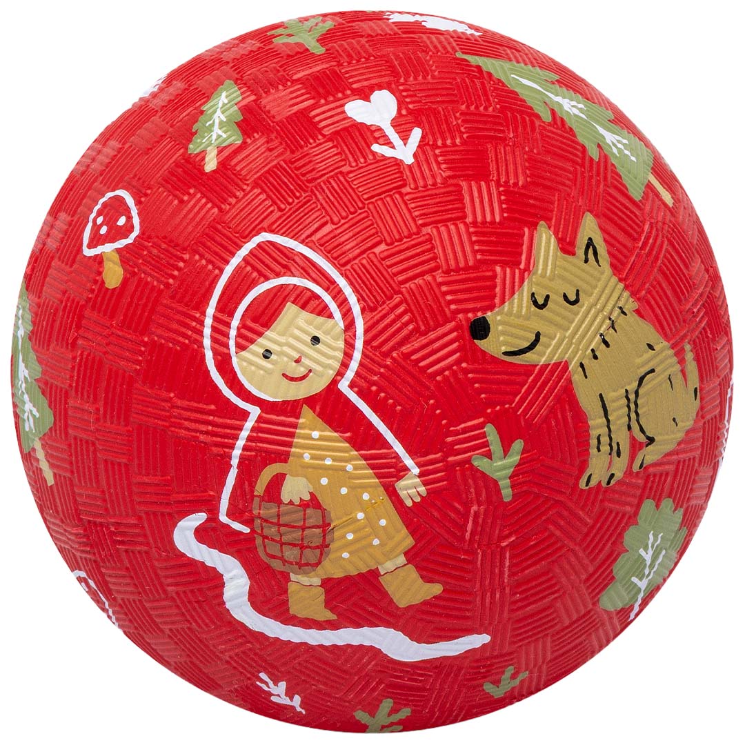 Little l rode speelbal met illustraties van Roodkapje, een wolf en bomen.