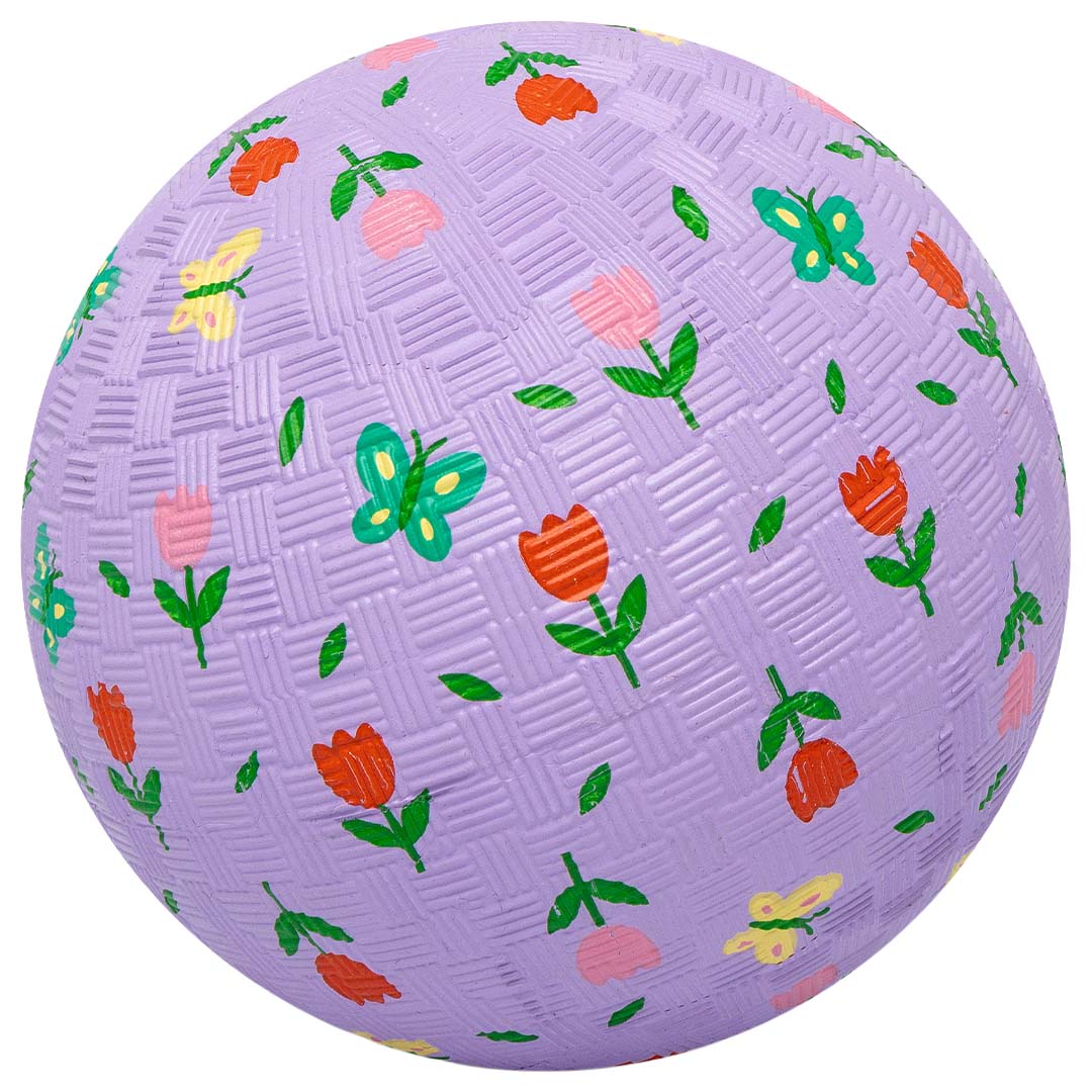 little l paarse rubberen speelbal met textuur, versierd met tulpen en vlinders.