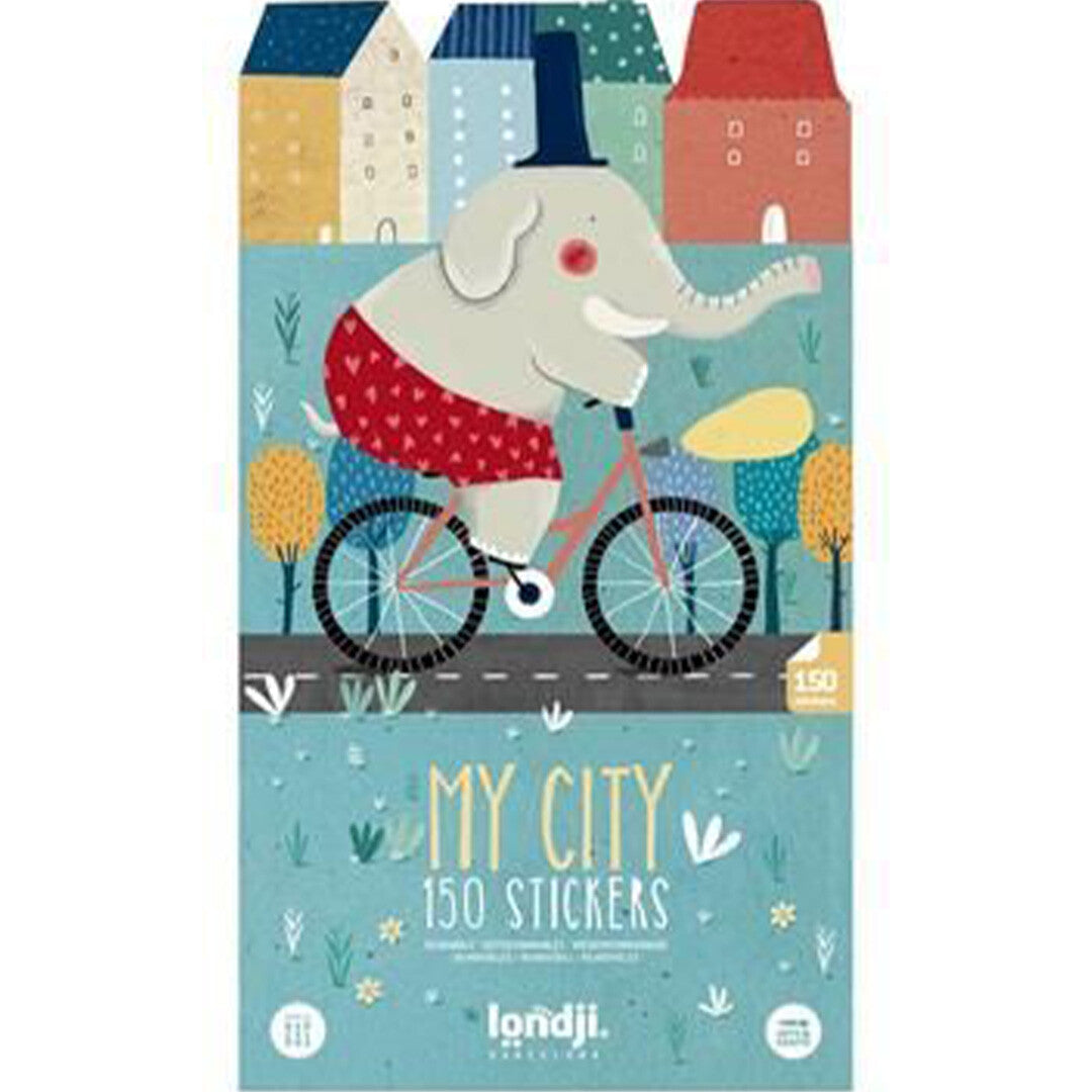 Verpakking van de Londji herbruikbare stickers My City met een olifant op een fiets voor een stadsachtergrond.