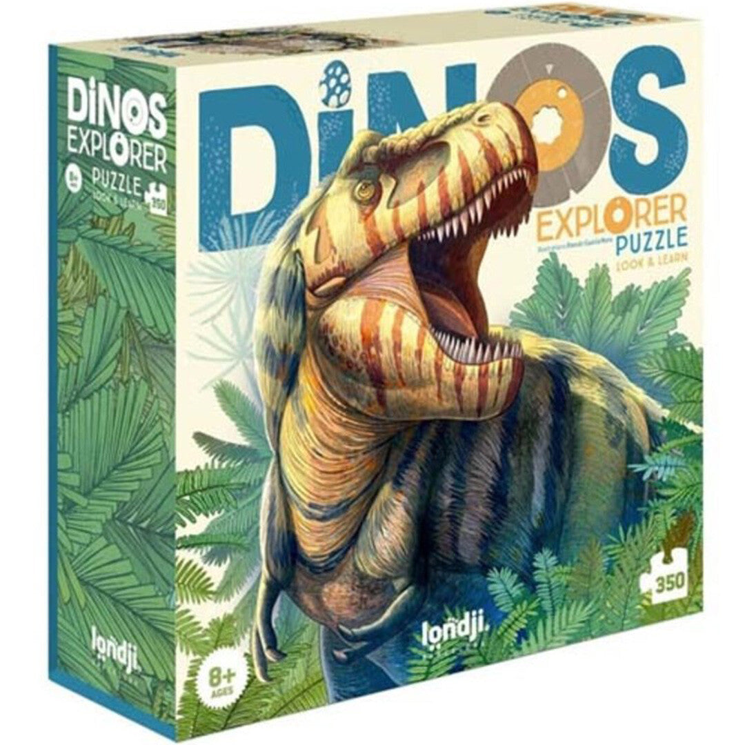 Londji puzzel Dino Explorer verpakking met een afbeelding van een T-Rex.