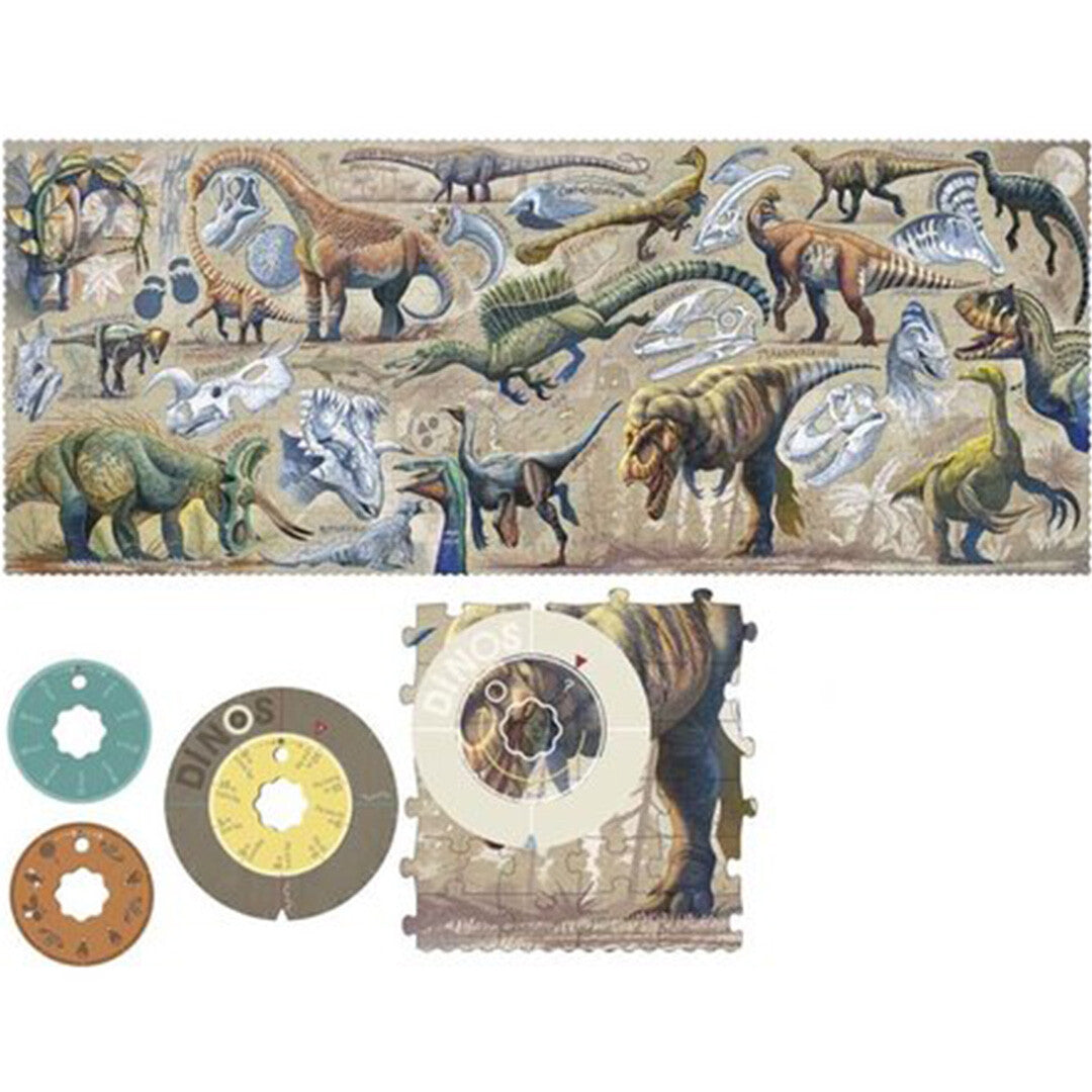 De complete Londji legpuzzel met dinosaurussen en fossielen, met de draaischijven en een puzzelstuk.