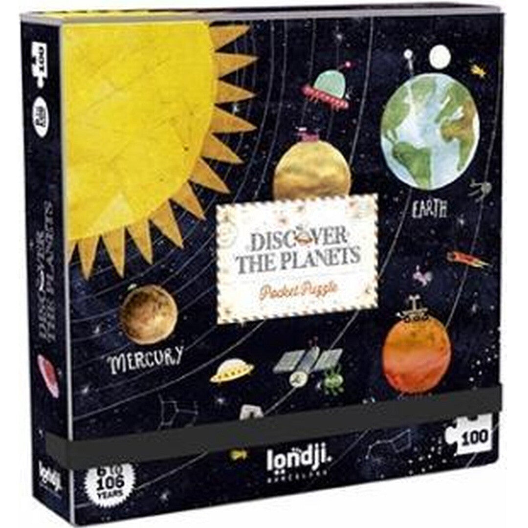 Londji legpuzzel 'Discover the Planets' verpakking met afbeelding van het zonnestelsel.
