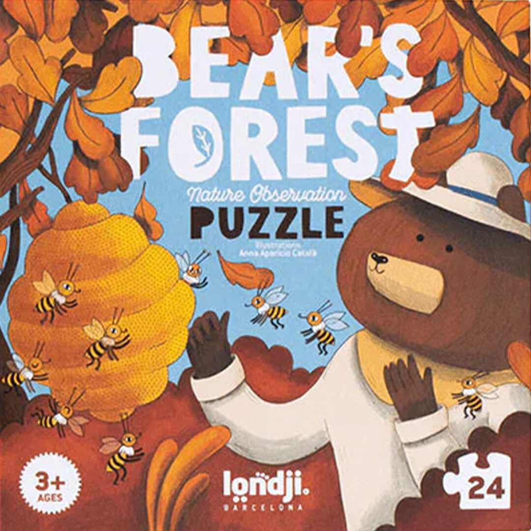De verpakking van de Londji Bear's Forest kinderpuzzel met een beer, bijen en herfstbladeren.