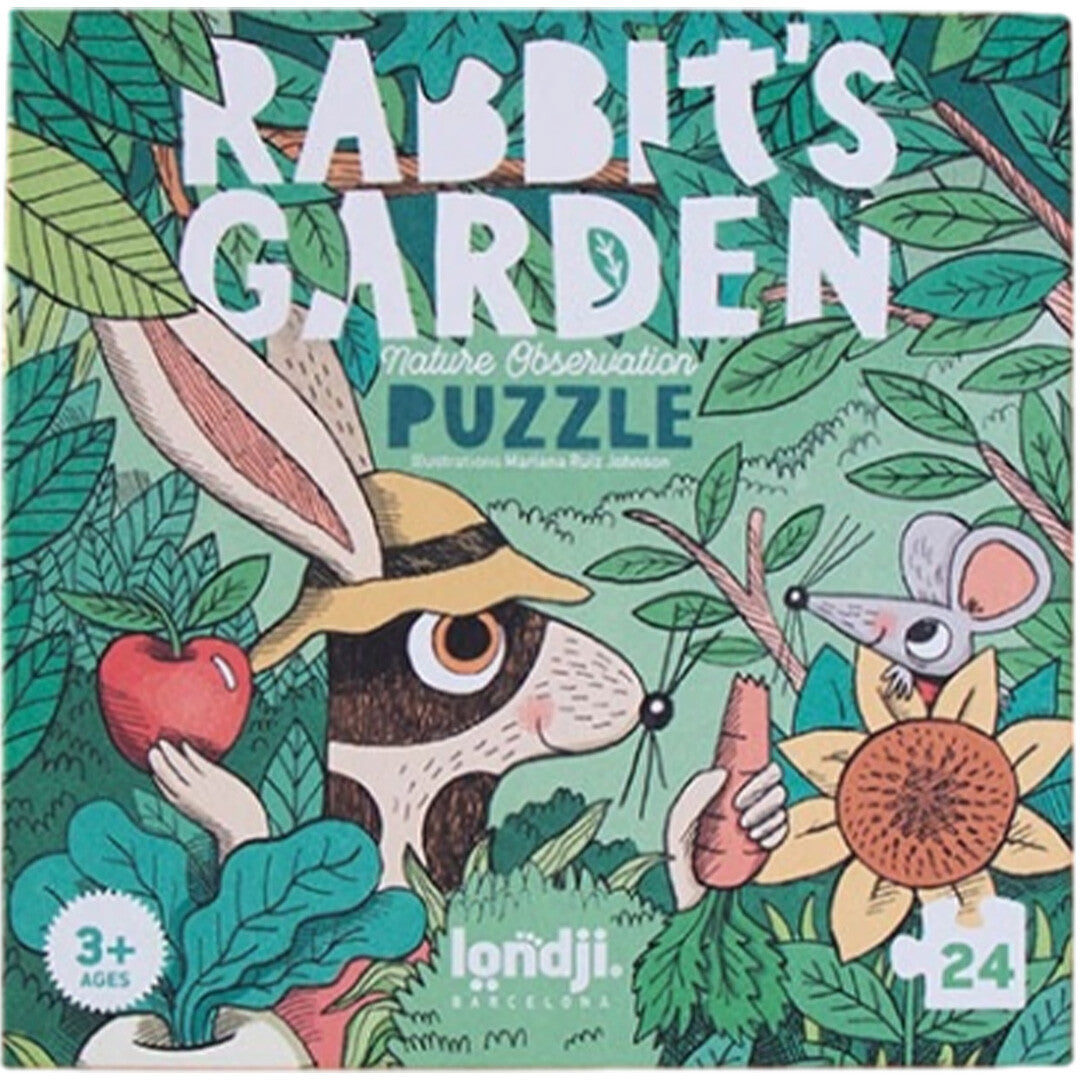 De verpakking van de londji Rabbit's Garden puzzel met een konijn en muis in een tuin.