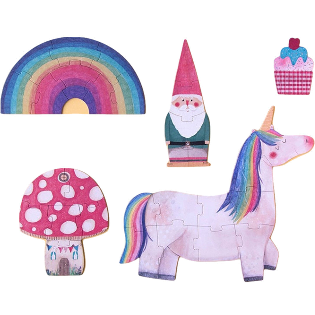 Vijf losse londji legpuzzels in de vorm van een regenboog, kabouter, cupcake, paddenstoel en eenhoorn.