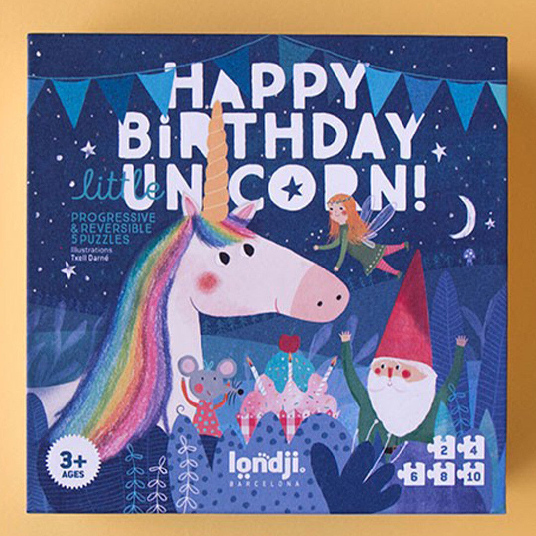 De verpakking van de londji Happy Birthday Unicorn legpuzzelset met een eenhoorn, kabouter en fee.