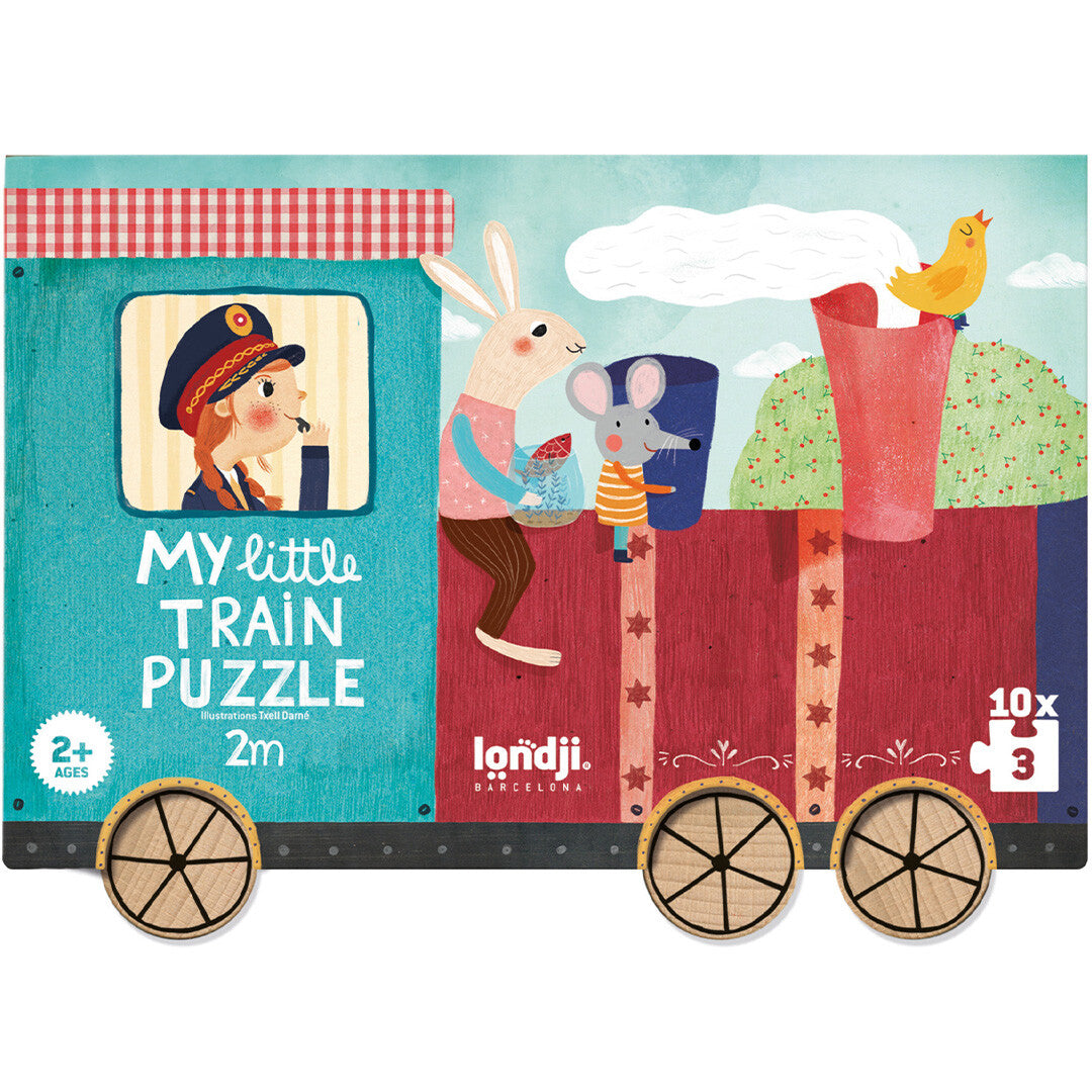 Verpakking van de Londji My Little Train puzzel met een konijn, muis en vogel op een treinwagon, geschikt voor kinderen vanaf 2 jaar.