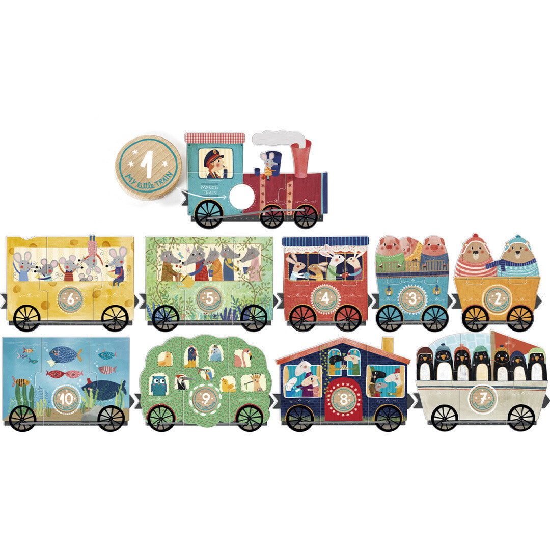 De complete Londji My Little Train puzzel van tien treinwagons met dieren en nummers, op een witte achtergrond.