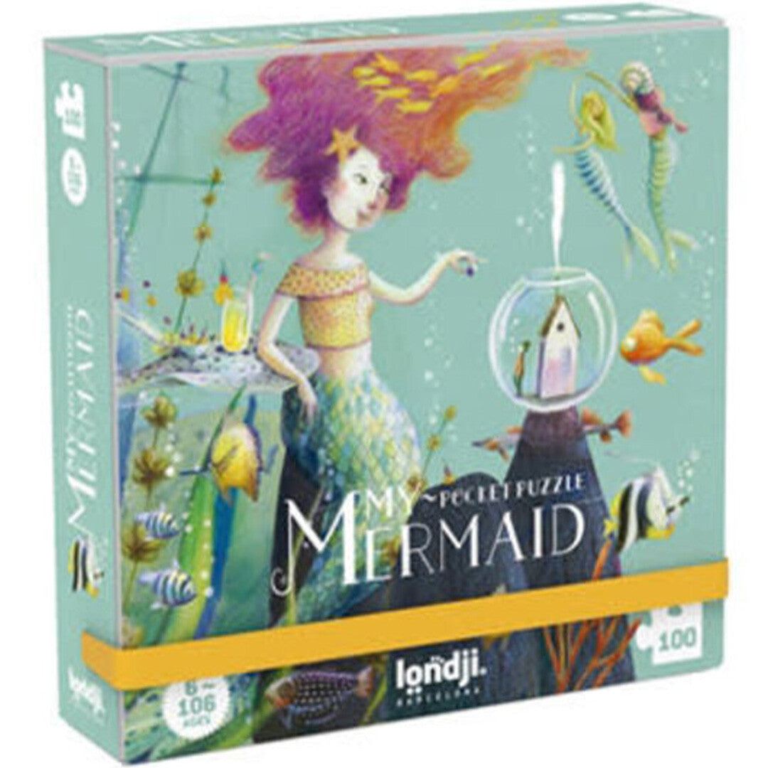 Verpakking van de Londji legpuzzel met een illustratie van een zeemeermin en onderwaterwereld.