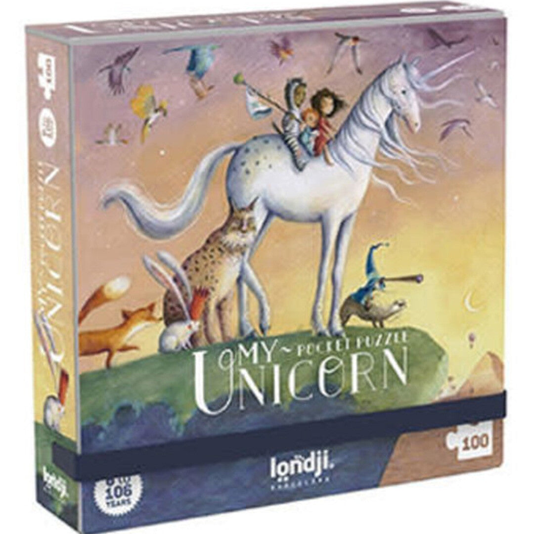 De verpakking van de londji My Unicorn legpuzzel met een afbeelding van een eenhoorn en kinderen in een droomwereld.