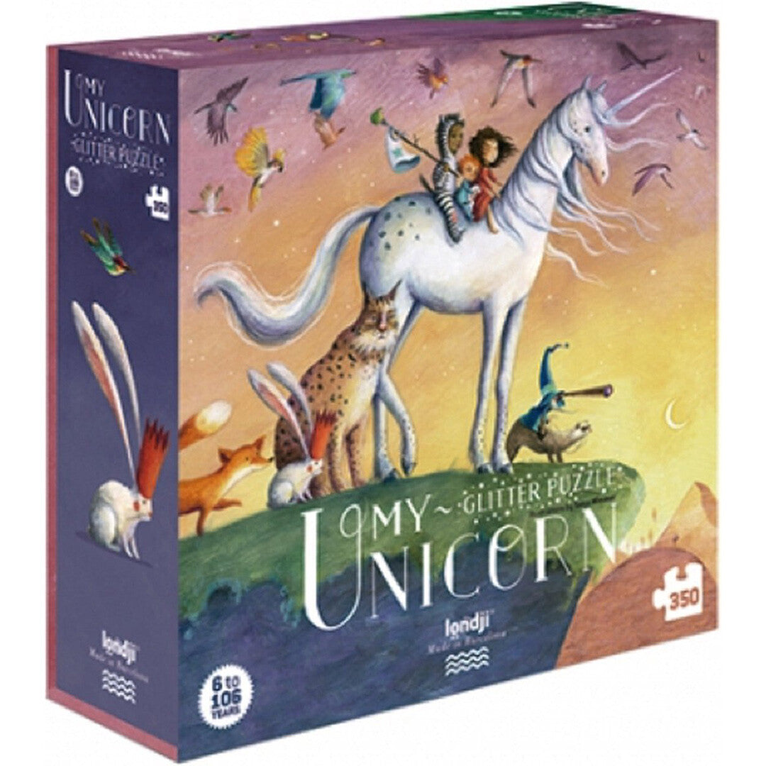 Verpakking van de Londji My Unicorn glitter legpuzzel met een illustratie van een eenhoorn en dieren in een droomwereld.
