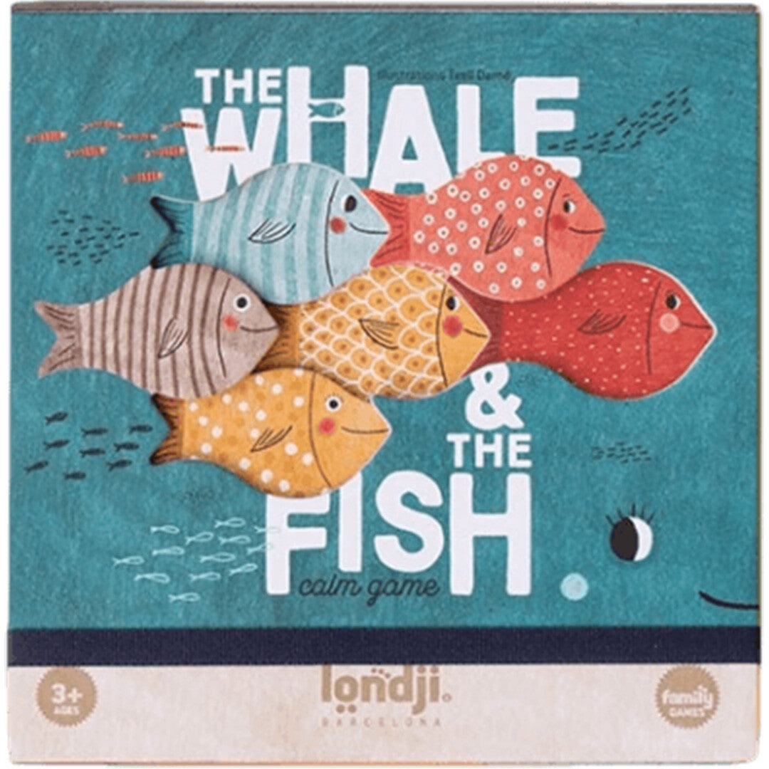 Londji puzzelspel 'The Whale & The Fish' verpakking met illustratie van een walvis en vissen.