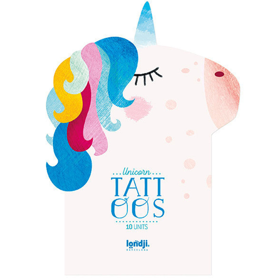 De verpakking van de Londji eenhoorn tijdelijke tattoos, vormgegeven als een eenhoornhoofd met kleurrijke manen.