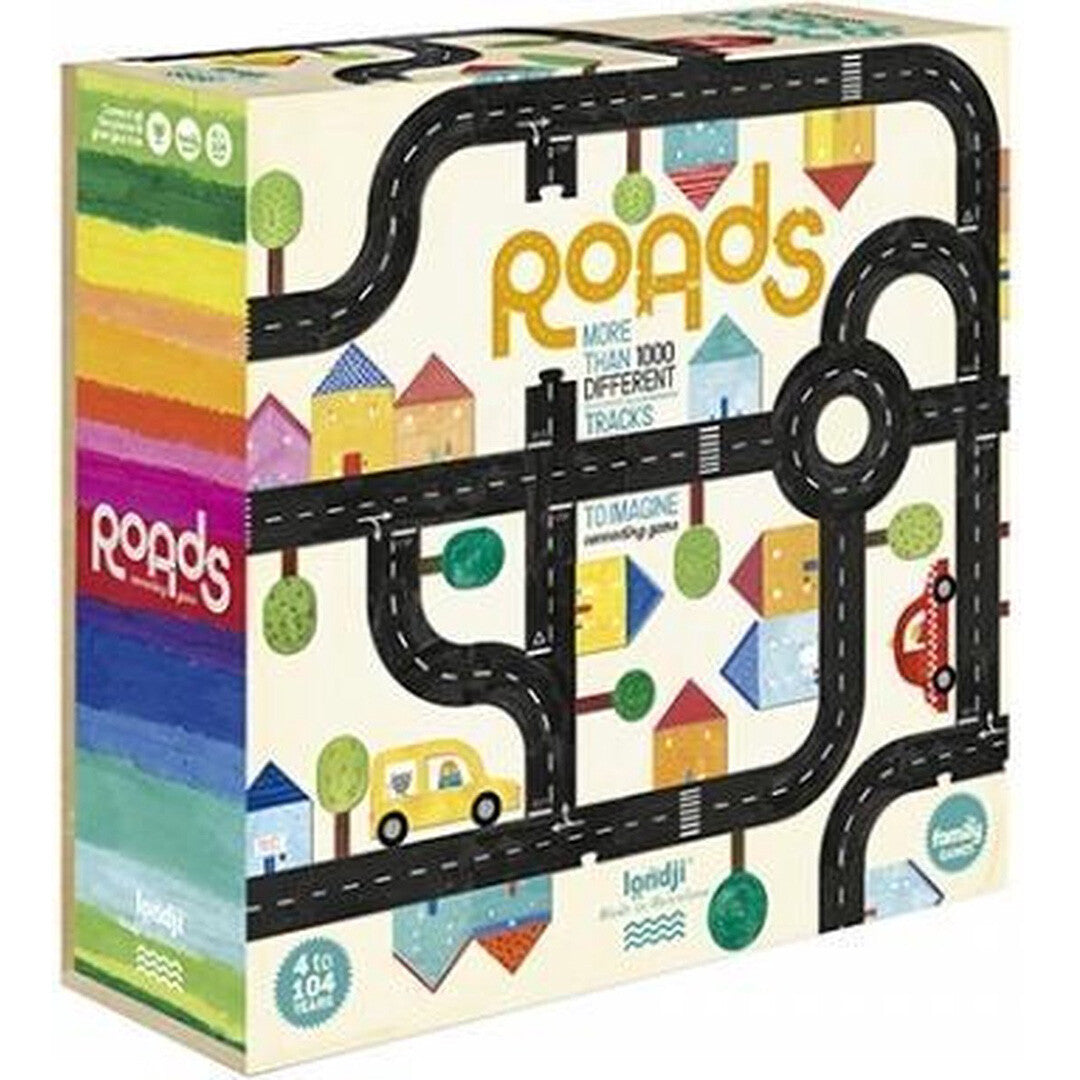 De verpakking van de londji vloerpuzzel en spel autoweg met een afbeelding van een wegennetwerk, huizen en auto's.