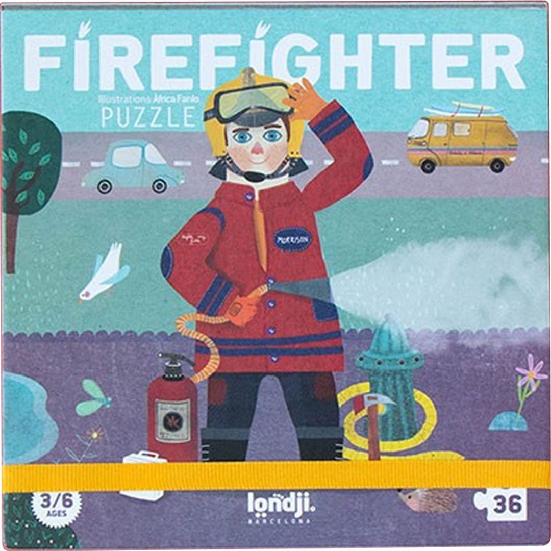 De voorkant van de Londji 'Firefighter' legpuzzelverpakking met een illustratie van een brandweerman.