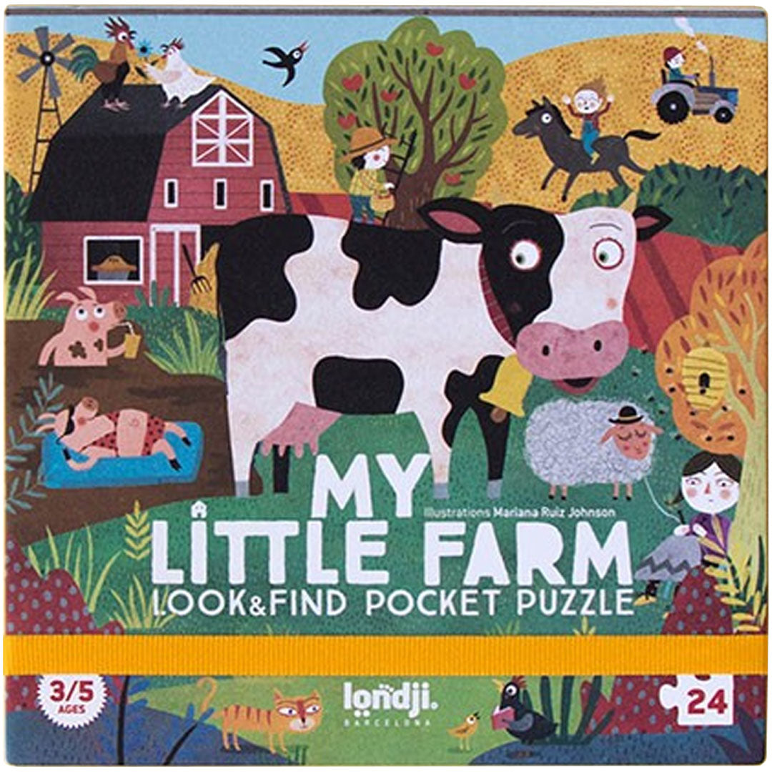De voorkant van de verpakking van de londji My Little Farm zoekpuzzel met een kleurrijke boerderijscène.