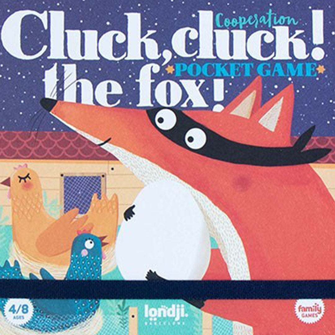 De voorkant van de verpakking van het londji pocket game Cluck, cluck! the fox! met een illustratie van een vos, kippen en eieren.